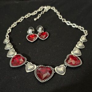 Silver and Red Heart Necklace and Earring Set